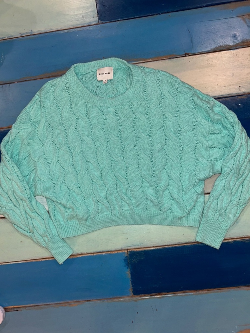 Pink Rose Women’s Cable Knit Cropped Sweater Mint Green Size M
